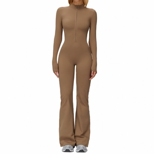 Women's fleece lined yoga jumpsuit with stand collar and flared legs in deep khaki
