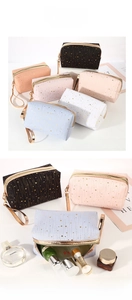 Cosmetic bags with gold star patterns showing various colors and storage capacity