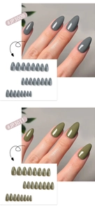 Detail view of almond shaped press-on nails in glossy grey and olive green finishes