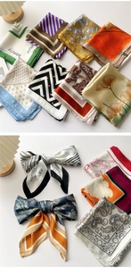 Detailed view of silk square scarves featuring stripes, paisley, and polka dot patterns
