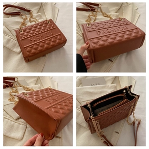 Detailed four-view display of brown embossed chain bag showing texture and interior
