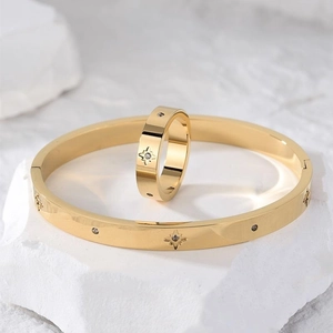 North Star Bangle And Ring Jewelry Gold Plated Stainless Steel With Cubic Zirconia Starry Fashion For Women