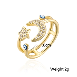 Golden celestial open ring with star, moon, and blue evil eye charms, 1.8cm inner diameter