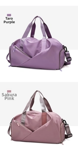 Detail of waterproof nylon travel bags in taro purple and sakura pink with side shoe pocket