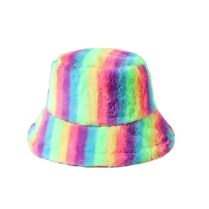 Rainbow striped faux rabbit fur bucket hat with fluffy colorful plush texture for winter