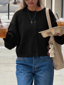 Close-up of black long-sleeve knit cardigan with high-quality casual street style detail
