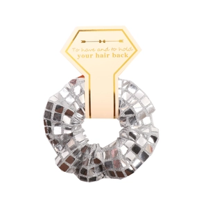 Detail of silver disco ball scrunchie with sequins on a To have and to hold display card