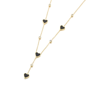 Golden titanium steel Y-shaped necklace with black enamel hearts and zircon tassels