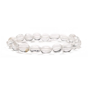 Macro shot of natural crystal quartz bracelet with transparent round flat beads and ice cracks