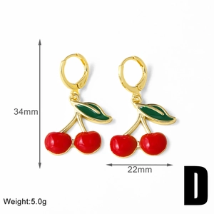 Detail view of gold hoops with red cherry pendants showing size 34mm and 22mm