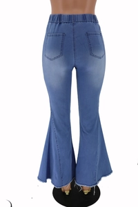 Detailed back view of high waist blue flare jeans featuring elastic waist and rear pockets