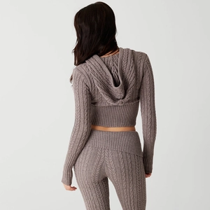 Damen Strick-Set 2-teilig mit Kapuzenpullover und gerader Hose in Taupe Grau-Braun