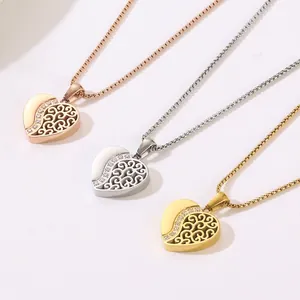 Collier Pendentif Coeur Acier Inoxydable Zircon Incrusté Design Filigrane Creux Chaîne De Boîte Bijoux De Mode Pour Femmes