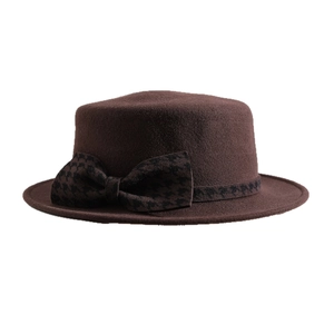 Chapeau vintage en laine marron à bord plat avec nœud pied-de-poule pour femmes.
