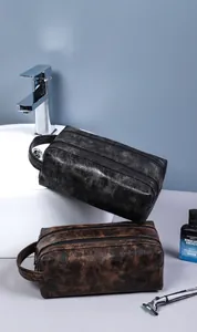Macro detail of waterproof PU leather texture and double zipper on travel wash bag