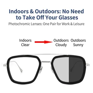 Men's double bridge square photochromic sunglasses with black frames and silver metal bar