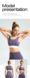 Detailed views of purple and white ribbed sports bra with matching high-waisted yoga leggings