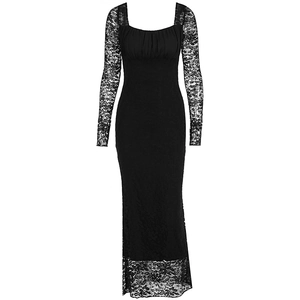 Detail of the elegant black lace sleeves and hemline texture on a square neck midi dress