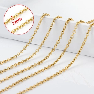 Golden 2mm stainless steel O-chain necklace displayed on a professional white stand