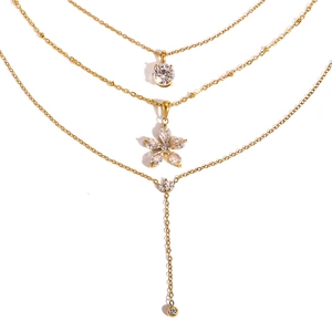 Triple-layered gold flower necklace with zircon pendants and layered stainless steel chains
