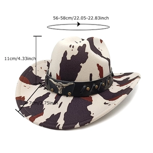 Western cowboy hat with brown cow print pattern and metal bull head ornament
