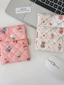 Quilted cartoon bear storage pouch for sanitary pads and makeup in pink and cream colors