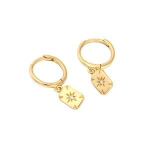 Detailed view of gold rectangle hoop earrings with starburst pattern and zircon inlay