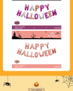 Detail of 16 inch foil balloons set featuring Happy Halloween letters in various colors