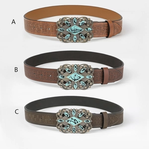Vintage Western Men Belt Embossed PU Leather Ethnic Cowboy Waistband With Alloy Turquoise Rhinestone Plate Buckle Retro Belt