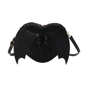 Borsa a tracolla gotica nera a forma di cuore con ali di pipistrello e lacci