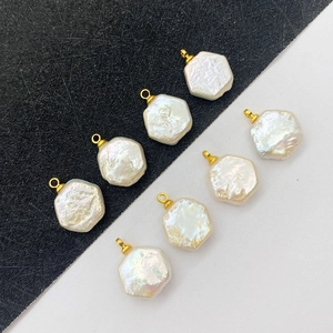 Hexagonal white freshwater pearl pendants with gold bails for DIY jewelry making
