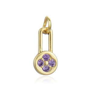 Mini rectangular gold flower pendant featuring purple zircons in a floral setting