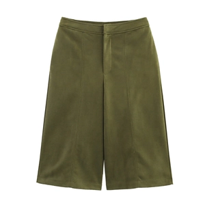 Army green faux suede wide-leg shorts with decorative stitching on white background