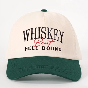 Vintage beige and dark green baseball cap with Whiskey Bent Hell Bound embroidery