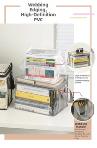 Close-up of clear PVC book storage bag with reinforced grey webbing and smooth zipper