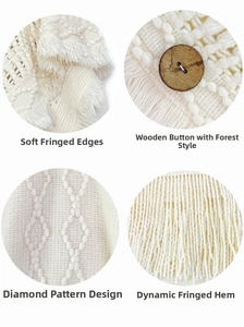 Detail of bohemian knitted poncho featuring diamond patterns, fringes, and a wooden button