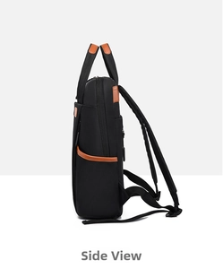 Side view of a large capacity black laptop backpack with premium brown leather trim