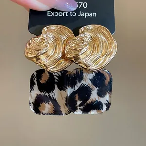 Vintage acrylic leopard print square earrings with golden shell metal pieces