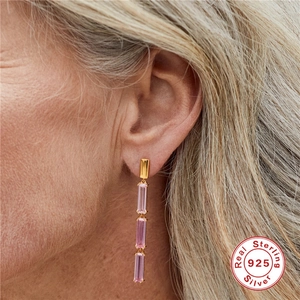 925 silver chain fringe earrings in gold finish with three pink rectangular gemstones