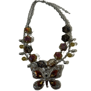 Vintage butterfly pendant necklace with colorful beads and crystal metal chain