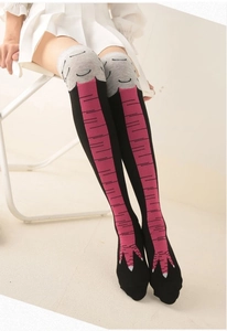 Detail view of funny chicken leg over-knee socks with pink bone pattern and grey cuff