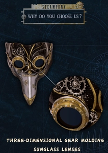 Steampunk plague doctor mask with gear details and bronze finish on blueprint background