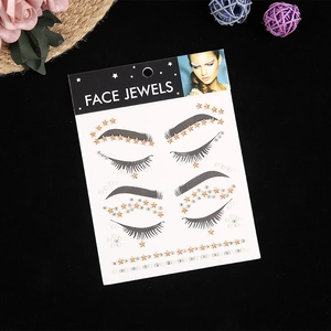 Music festival face jewels with gold stars, iridescent rhinestones and white pearls