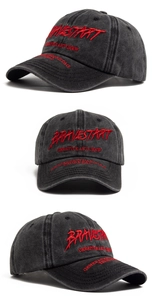 Detailed views of charcoal washed cotton baseball cap with 3D red letter embroidery