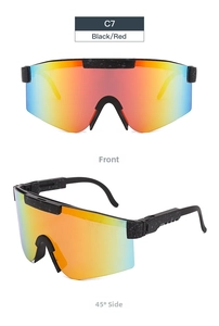 Front and side view of C7 black sports sunglasses with red yellow gradient mirror lens