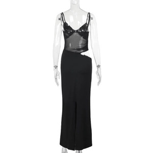 Detailed back view of a slim black maxi dress featuring mesh panels and a back slit