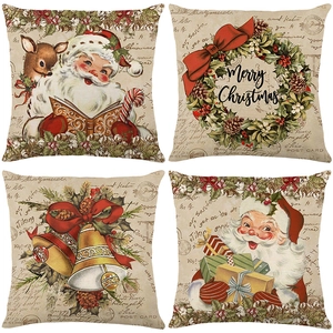 Christmas Pillow Covers Polyester Linen Look Decorative Throw Cushion Case Sofa Home Vintage Santa Reindeer Pattern