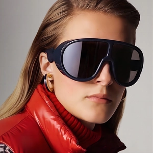 Close-up of oversized integrated lens sunglasses with thick frames on a female model