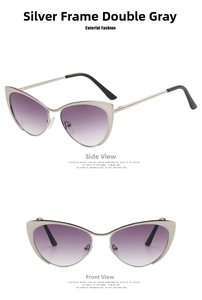 Detailed views of silver metal cat eye frames with gradient grey lenses from two angles