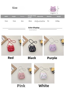 Detailed size chart and color options for the cute cartoon cat kids mini PU crossbody bag